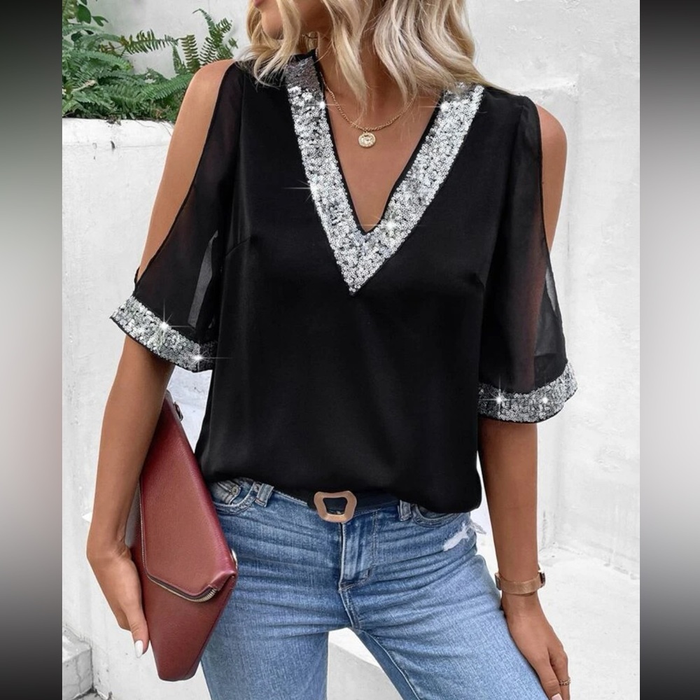 Boho cold shoulder sequins detail blouse